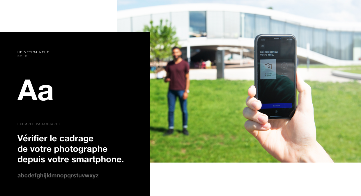 Visuel de la typographie helvetica neue utilisée dans lapp et mise en scène dune prise de photo avec lapp