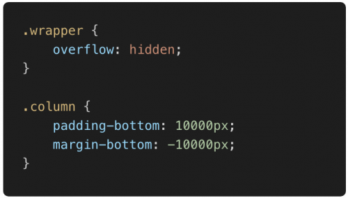 Code CSS pour la solution au "Holy Grail" avec du padding : Une classe nommée "wrapper" contient l'insctruction "overflow: hidden", et une classe nommée "column" contient les instructions "padding-bottom: 10000px" et "margin-bottom: -10000px"