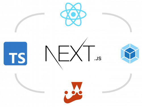 Schéma abstrait montrant plusieurs logo de technologies inter connectées comprenant NextJS React Webpack Jest TypeScript