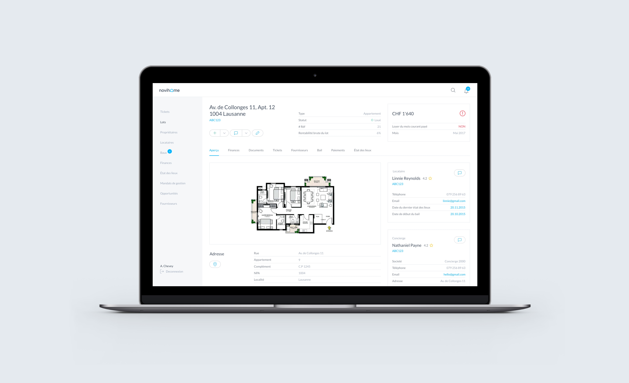 Dashboard de la plateforme de gestion immobilière Novihome